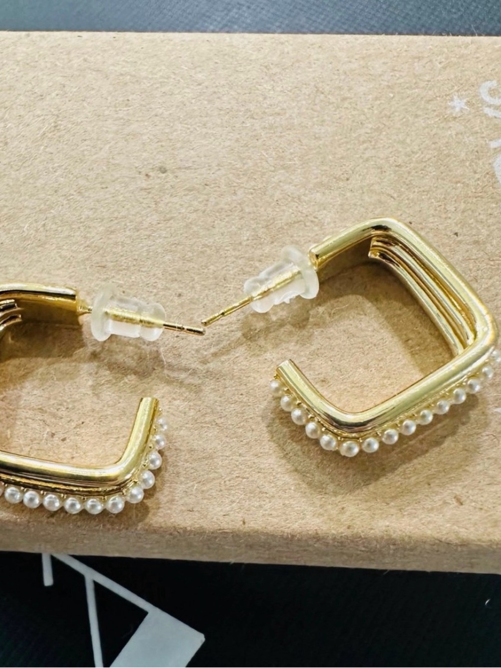 Macy's Gold Square Hoop Earrings with Pearl Accent